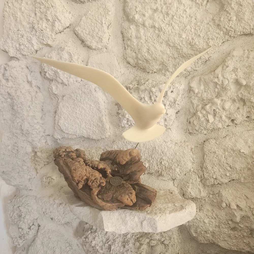Vintage Seagull Bird Sculpture on Driftwood Base | Coastal Decor | John Perry